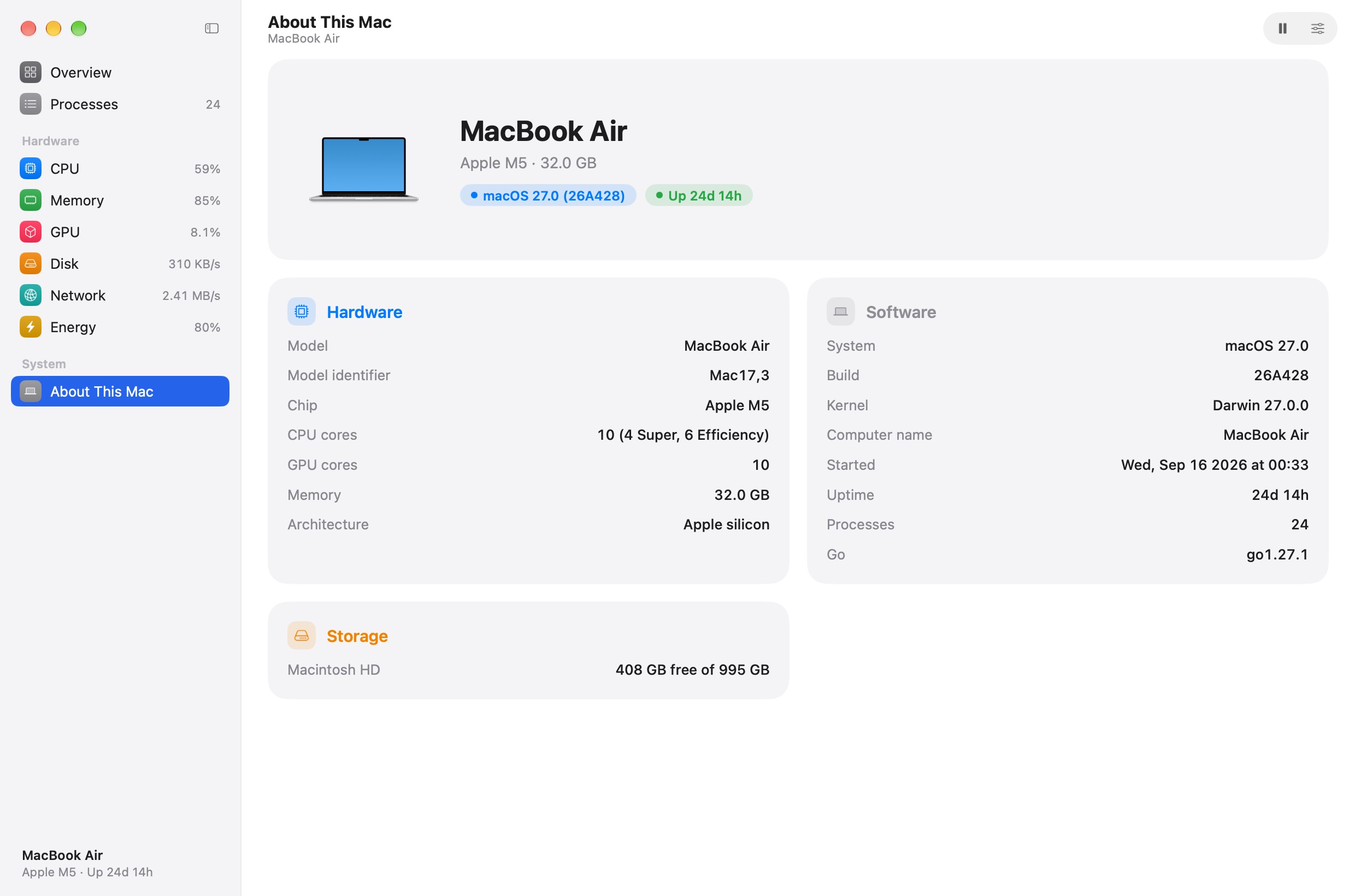 Pulse's About This Mac: the model, chip, memory, system and storage
